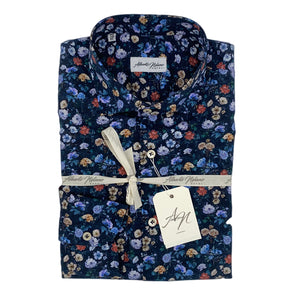 Camicia stampa floreale fondo blu notte Popeline