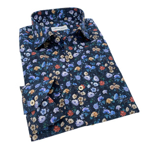 Camicia stampa floreale fondo blu notte Popeline